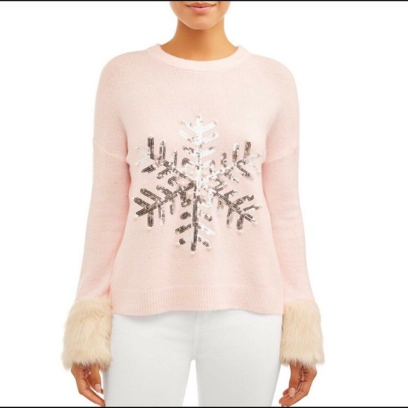 Holiday Time Sweaters - Pink Holiday Time Sequin & Pearl Snowflake Sweater w/Faux Fur Cuffs Size 8 - 10